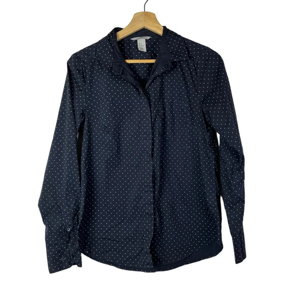 H&M Navy Blue & White Polka Dot Long Sleeve Button Down 4 - Picture 1 of 3